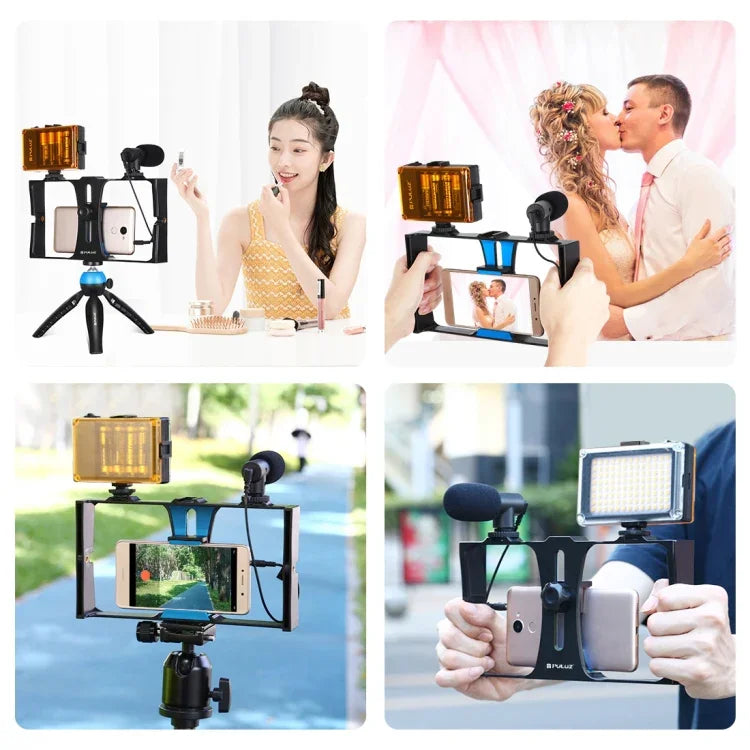PULUZ 4合1 Vlogging直播LED自拍燈智慧型手機攝影架套件，含麥克風+三腳架支架+冷靴三腳架頭，適用iPhone、Galaxy、華為、小米、HTC、LG、Google及其他智慧型手機，4合1（藍色），4合1，4合1（美規）