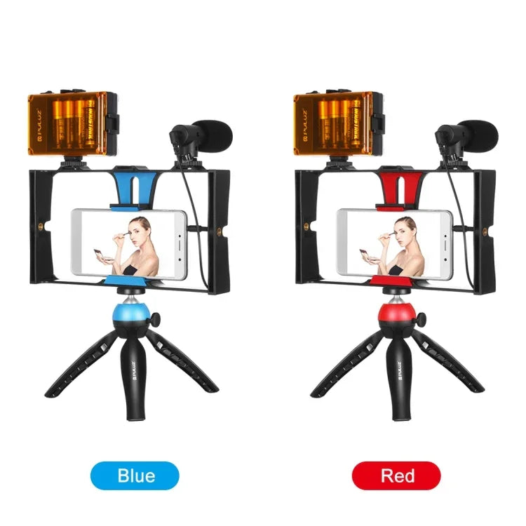 PULUZ 4合1 Vlogging直播LED自拍燈智慧型手機攝影架套件，含麥克風+三腳架支架+冷靴三腳架頭，適用iPhone、Galaxy、華為、小米、HTC、LG、Google及其他智慧型手機，4合1（藍色），4合1，4合1（美規）