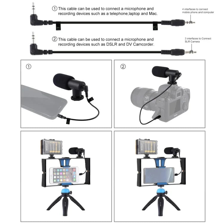 PULUZ 4合1 Vlogging直播LED自拍燈智慧型手機攝影架套件，含麥克風+三腳架支架+冷靴三腳架頭，適用iPhone、Galaxy、華為、小米、HTC、LG、Google及其他智慧型手機，4合1（藍色），4合1，4合1（美規）