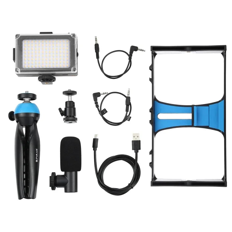 PULUZ 4合1 Vlogging直播LED自拍燈智慧型手機攝影架套件，含麥克風+三腳架支架+冷靴三腳架頭，適用iPhone、Galaxy、華為、小米、HTC、LG、Google及其他智慧型手機，4合1（藍色），4合1，4合1（美規）