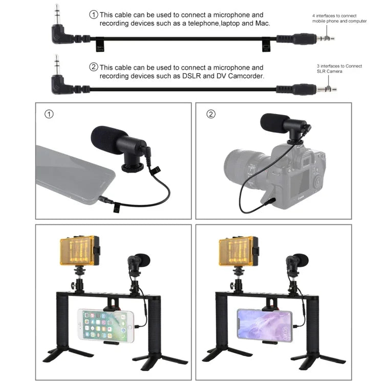 PULUZ 4合1 Vlogging直播LED自拍燈智慧型手機攝影架手持穩定器鋁合金支架套件，含麥克風+三腳架支架+冷靴三腳架頭，鋁合金支架套件