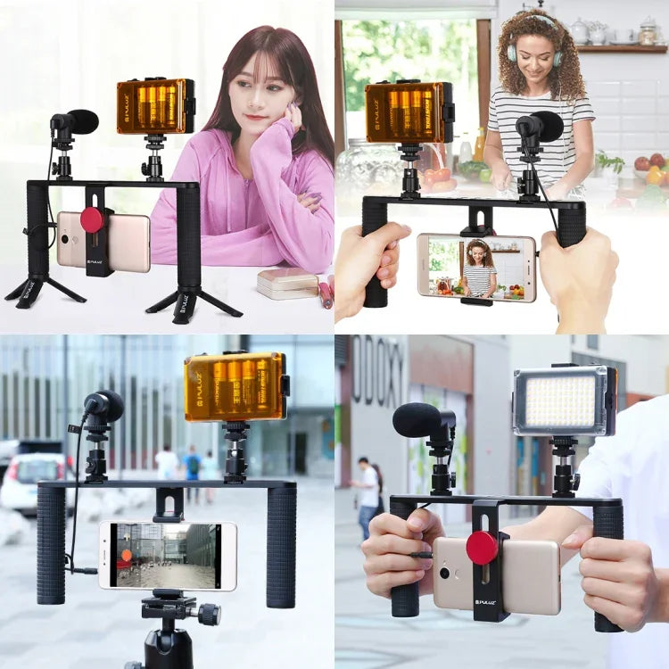 PULUZ 4合1 Vlogging直播LED自拍燈智慧型手機攝影架手持穩定器鋁合金支架套件，含麥克風+三腳架支架+冷靴三腳架頭，鋁合金支架套件