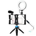 PULUZ 4合1 Vlogging直播智慧型手機攝影架+4.7吋12公分環形LED自拍燈套件，含麥克風+三腳架支架+冷靴三腳架頭，適用iPhone、Galaxy、華為、小米、HTC、LG、Google及其他智慧型手機，4合1環形LED