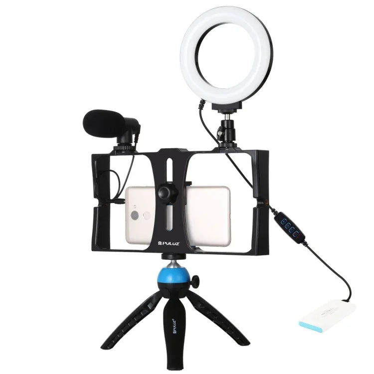 PULUZ 4合1 Vlogging直播智慧型手機攝影架+4.7吋12公分環形LED自拍燈套件，含麥克風+三腳架支架+冷靴三腳架頭，適用iPhone、Galaxy、華為、小米、HTC、LG、Google及其他智慧型手機，4合1環形LED