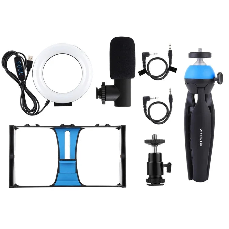 PULUZ 4合1 Vlogging直播智慧型手機攝影架+4.7吋12公分環形LED自拍燈套件，含麥克風+三腳架支架+冷靴三腳架頭，適用iPhone、Galaxy、華為、小米、HTC、LG、Google及其他智慧型手機，4合1環形LED