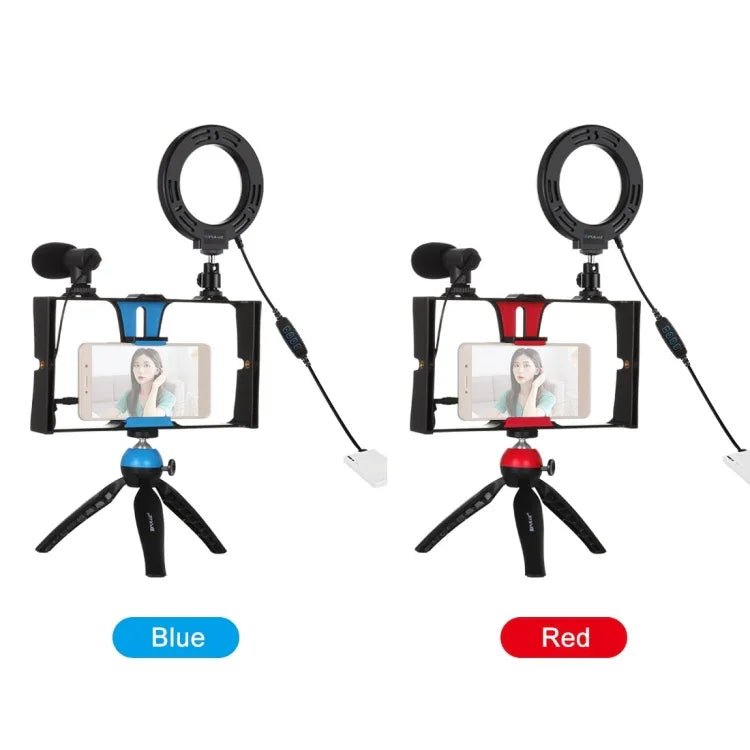 PULUZ 4合1 Vlogging直播智慧型手機攝影架+4.7吋12公分環形LED自拍燈套件，含麥克風+三腳架支架+冷靴三腳架頭，適用iPhone、Galaxy、華為、小米、HTC、LG、Google及其他智慧型手機，4合1環形LED