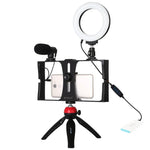 PULUZ 4合1 Vlogging直播智慧型手機攝影架+4.7吋12公分環形LED自拍燈套件，含麥克風+三腳架支架+冷靴三腳架頭，適用iPhone、Galaxy、華為、小米、HTC、LG、Google及其他智慧型手機，4合1環形LED