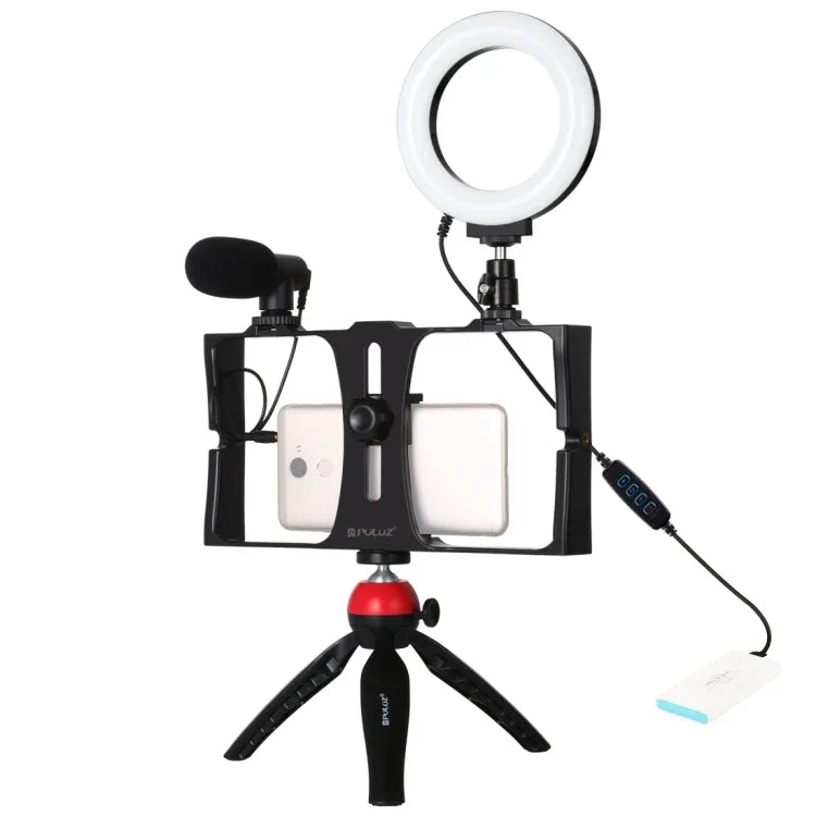 PULUZ 4合1 Vlogging直播智慧型手機攝影架+4.7吋12公分環形LED自拍燈套件，含麥克風+三腳架支架+冷靴三腳架頭，適用iPhone、Galaxy、華為、小米、HTC、LG、Google及其他智慧型手機，4合1環形LED
