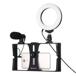 PULUZ 3合1 Vlogging直播智慧型手機攝影架+麥克風+4.7吋12公分環形LED自拍燈套件，含冷靴三腳架頭，適用iPhone、Galaxy、華為、小米、HTC、LG、Google及其他智慧型手機，3合1環形LED