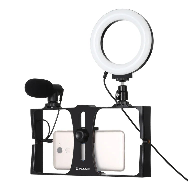 PULUZ 3合1 Vlogging直播智慧型手機攝影架+麥克風+4.7吋12公分環形LED自拍燈套件，含冷靴三腳架頭，適用iPhone、Galaxy、華為、小米、HTC、LG、Google及其他智慧型手機，3合1環形LED