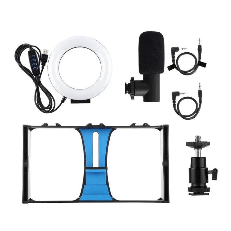 PULUZ 3合1 Vlogging直播智慧型手機攝影架+麥克風+4.7吋12公分環形LED自拍燈套件，含冷靴三腳架頭，適用iPhone、Galaxy、華為、小米、HTC、LG、Google及其他智慧型手機，3合1環形LED