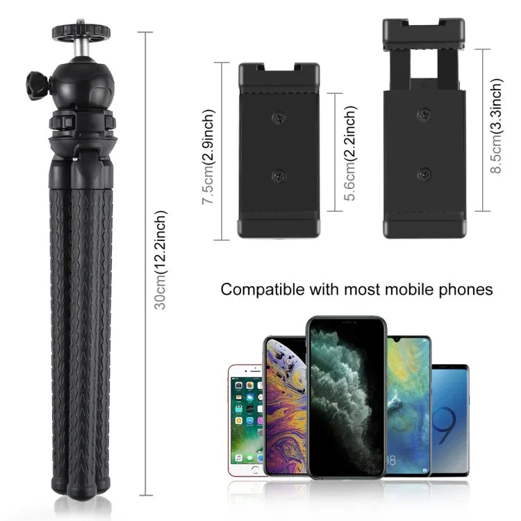 PULUZ 迷你章魚柔性三腳架支架，附球形雲台及手機夾 + 三腳架安裝轉接器及長螺絲，適用於單眼相機、GoPro、手機，尺寸：30cmx5cm，30cm 三腳架 + 手機夾