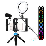 PULUZ 4合1 Vlogging直播智慧型手機攝影架+4.7吋12公分RGBW環形LED自拍燈+麥克風+口袋三腳架支架套件，含冷靴三腳架頭，4合1，4合1 RGBW環形LED