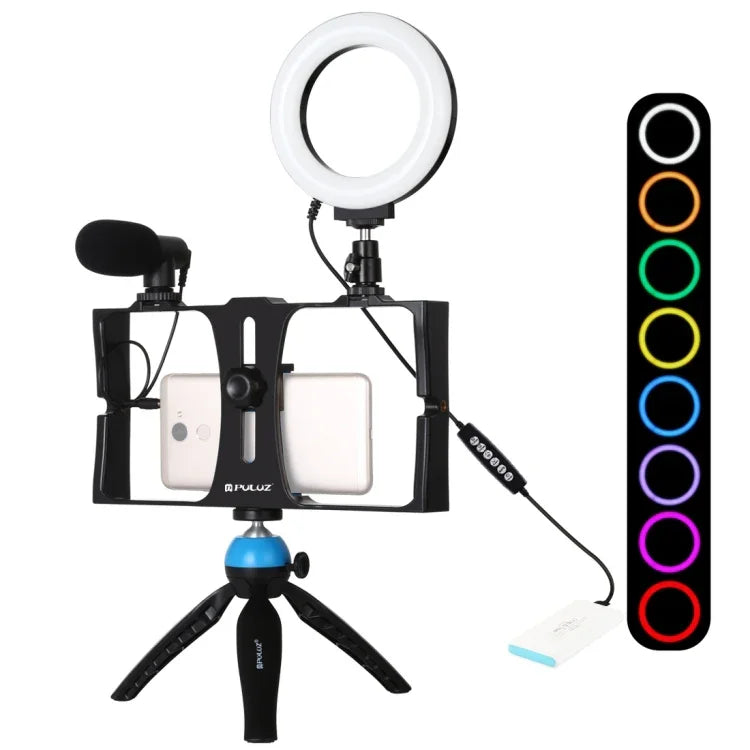 PULUZ 4合1 Vlogging直播智慧型手機攝影架+4.7吋12公分RGBW環形LED自拍燈+麥克風+口袋三腳架支架套件，含冷靴三腳架頭，4合1，4合1 RGBW環形LED