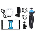 PULUZ 4合1 Vlogging直播智慧型手機攝影架+4.7吋12公分RGBW環形LED自拍燈+麥克風+口袋三腳架支架套件，含冷靴三腳架頭，4合1，4合1 RGBW環形LED