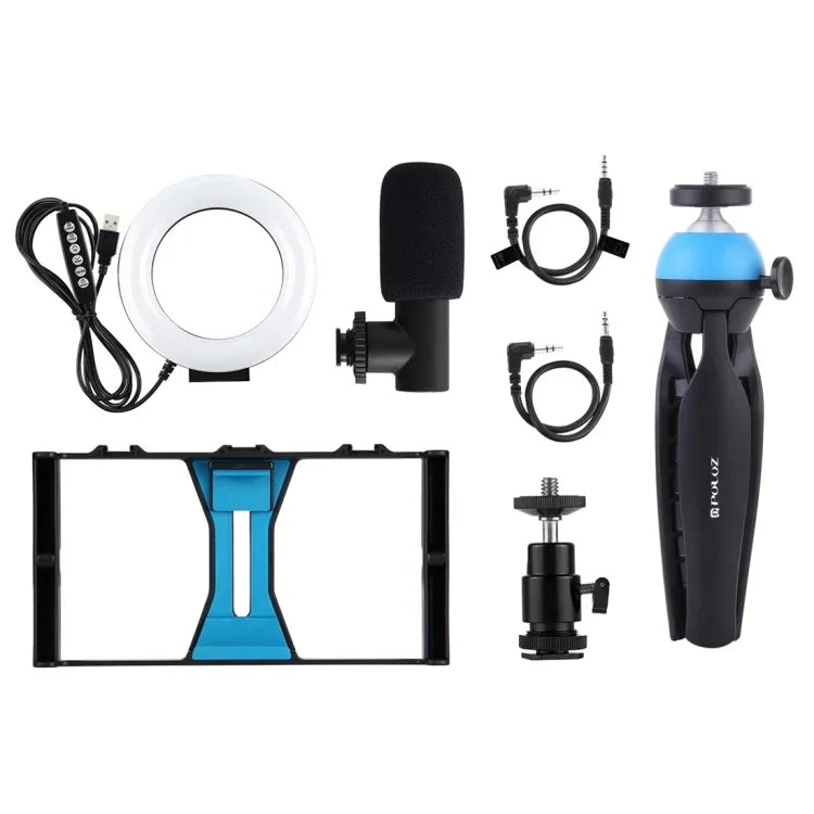 PULUZ 4合1 Vlogging直播智慧型手機攝影架+4.7吋12公分RGBW環形LED自拍燈+麥克風+口袋三腳架支架套件，含冷靴三腳架頭，4合1，4合1 RGBW環形LED