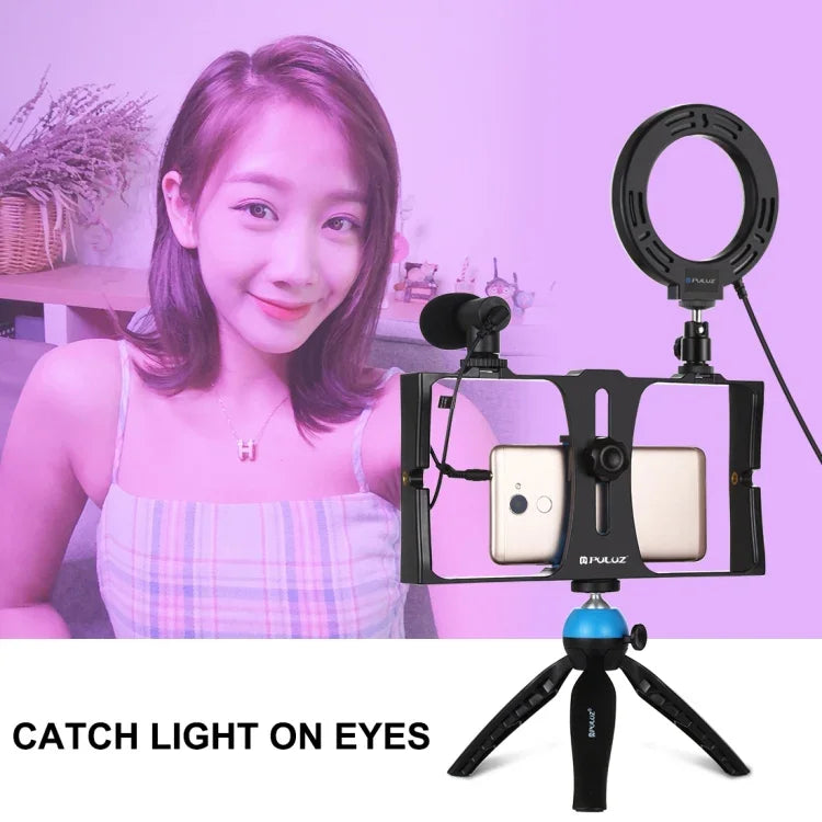 PULUZ 4合1 Vlogging直播智慧型手機攝影架+4.7吋12公分RGBW環形LED自拍燈+麥克風+口袋三腳架支架套件，含冷靴三腳架頭，4合1，4合1 RGBW環形LED