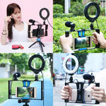 PULUZ 4合1 Vlogging直播智慧型手機攝影架+4.7吋12公分RGBW環形LED自拍燈+麥克風+口袋三腳架支架套件，含冷靴三腳架頭，4合1，4合1 RGBW環形LED
