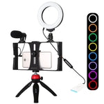 PULUZ 4合1 Vlogging直播智慧型手機攝影架+4.7吋12公分RGBW環形LED自拍燈+麥克風+口袋三腳架支架套件，含冷靴三腳架頭，4合1，4合1 RGBW環形LED