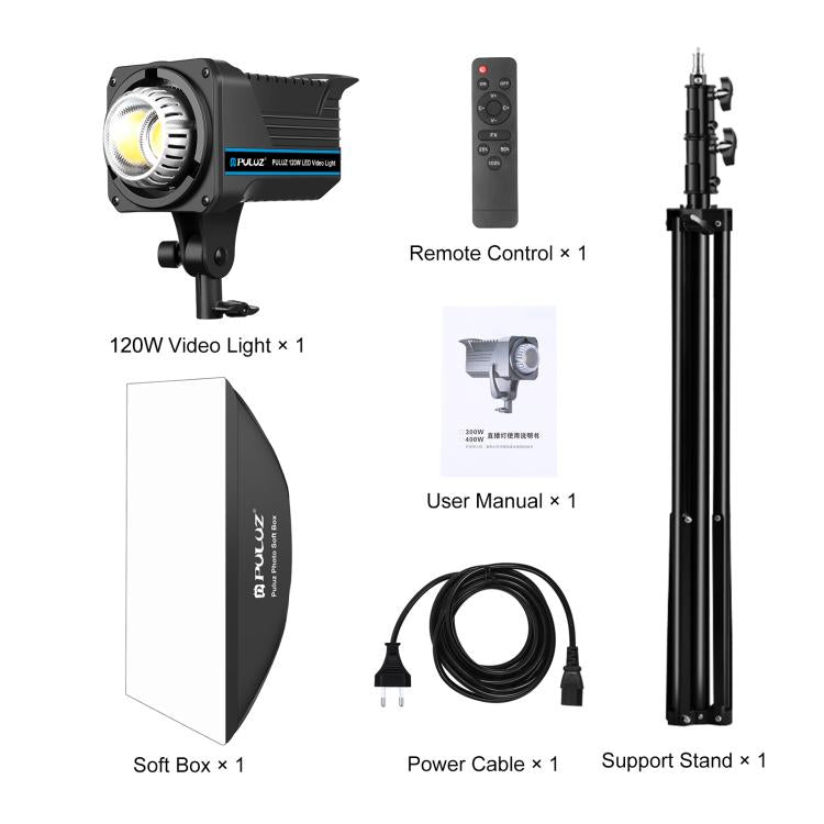 PULUZ 120W 攝影棚閃光燈套裝，含柔光箱反光板與三腳架，矩形 120W 2700K-6500K 燈光套裝 EU 插頭，矩形 120W 2700K-6500K 燈光套裝 UK 插頭，矩形 120W 2700K-6500K 燈光套裝 US 插頭
