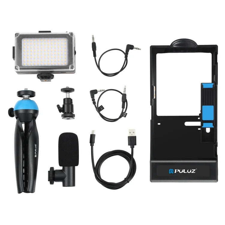 PULUZ 4合1藍牙手持Vlogging直播LED自拍燈智能手機視頻支架套件，含麥克風+三腳架支架+冷靴三腳架頭，適用iPhone、Galaxy、華為、小米、HTC、LG、Google及其他智能手機，4合1藍牙支架