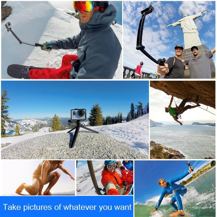 PULUZ 三向握把可折疊三腳架自拍桿延長單腳架，適用 GoPro、Insta360 ONE R、DJI Osmo Action 及其他運動相機，長度：20-58cm