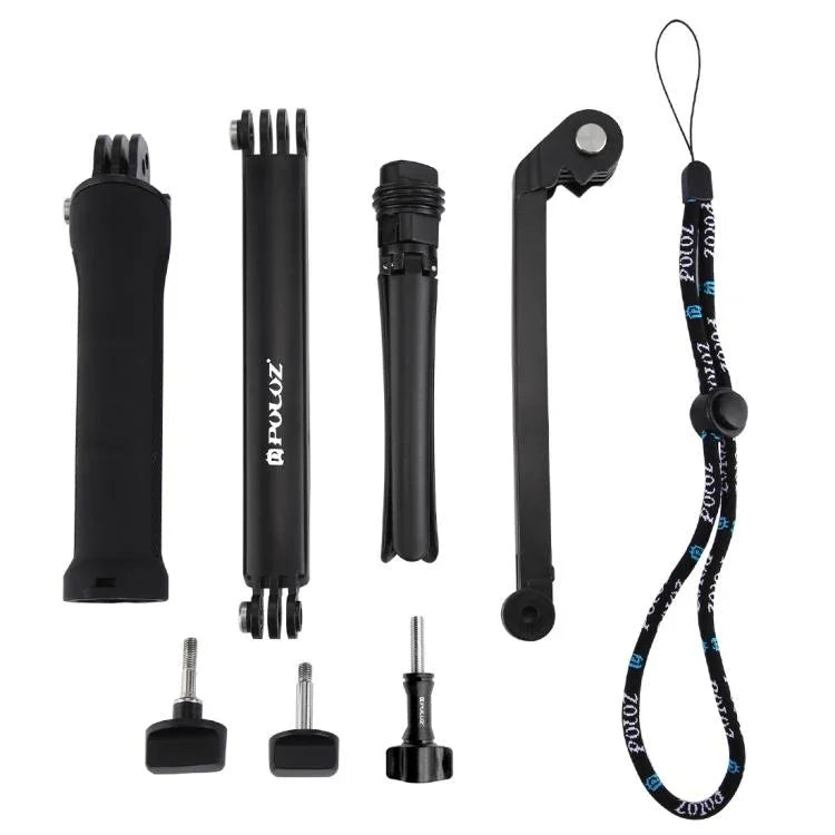 PULUZ 三向握把可折疊三腳架自拍桿延長單腳架，適用 GoPro、Insta360 ONE R、DJI Osmo Action 及其他運動相機，長度：20-58cm