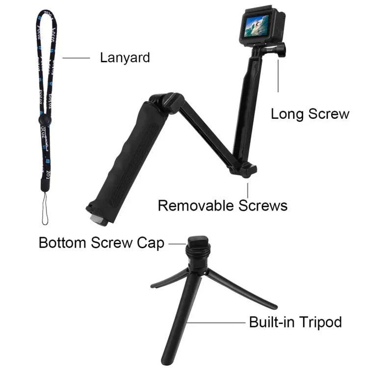 PULUZ 三向握把可折疊三腳架自拍桿延長單腳架，適用 GoPro、Insta360 ONE R、DJI Osmo Action 及其他運動相機，長度：20-58cm