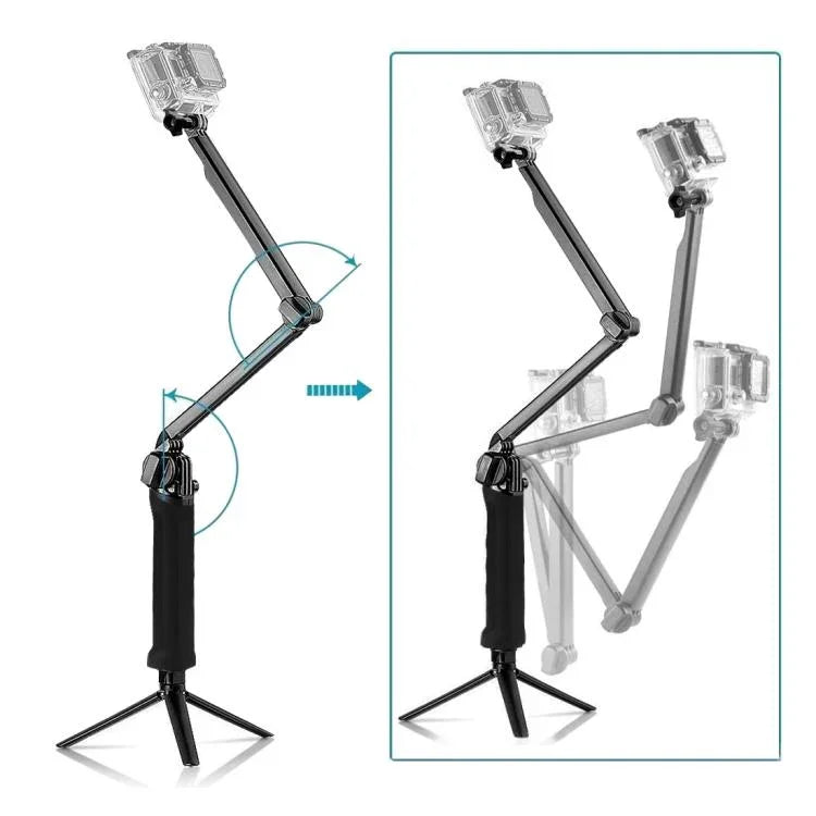 PULUZ 三向握把可折疊三腳架自拍桿延長單腳架，適用 GoPro、Insta360 ONE R、DJI Osmo Action 及其他運動相機，長度：20-58cm