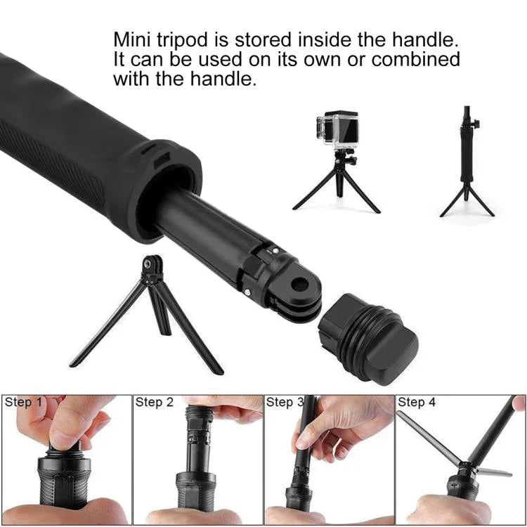 PULUZ 三向握把可折疊三腳架自拍桿延長單腳架，適用 GoPro、Insta360 ONE R、DJI Osmo Action 及其他運動相機，長度：20-58cm