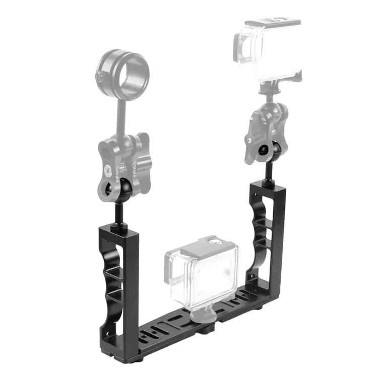 PULUZ 可調式潛水雙手持 CNC 鋁合金燈臂支架，適用於 GoPro、Insta360、DJI 及其他運動相機，雙手持燈臂支架