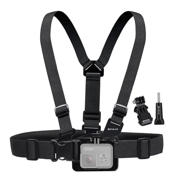 PULUZ 可調式身體固定帶胸帶，附 J 鉤安裝座及長螺絲，適用於 GoPro、Insta360、DJI 及其他運動相機，胸帶