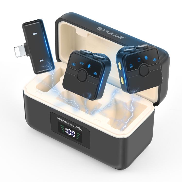 PULUZ 磁吸領夾式無線麥克風，帶充電盒，8 針 RX 接收器及 2 支 TX 麥克風，8 針 2 TX + 1 RX，附充電盒