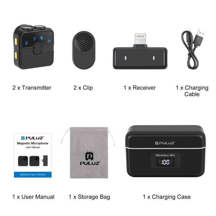 PULUZ 磁吸領夾式無線麥克風，帶充電盒，8 針 RX 接收器及 2 支 TX 麥克風，8 針 2 TX + 1 RX，附充電盒