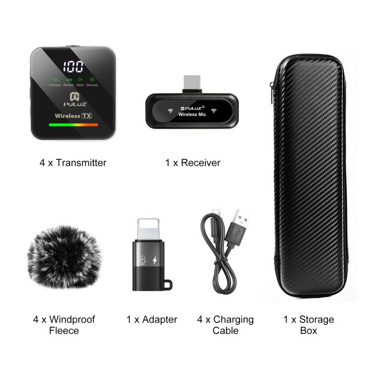 PULUZ 4 發射 + 1 接收無線領夾麥克風，Type-C 4 發射 + 1 接收