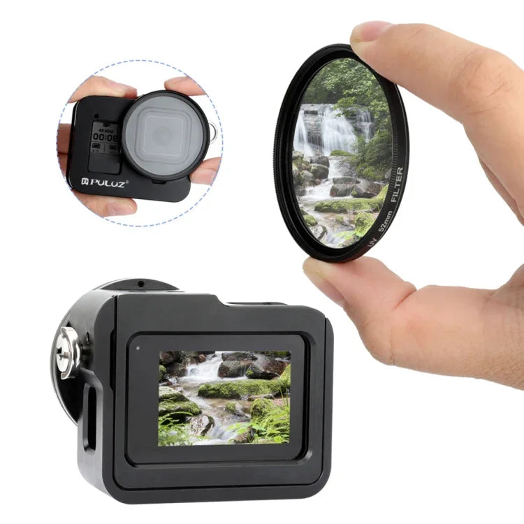 PULUZ 殼體 CNC 鋁合金保護籠，帶保險框架及 52mm UV 鏡頭，適用於 GoPro HERO8 Black，適用於 HERO8 Black 帶框架