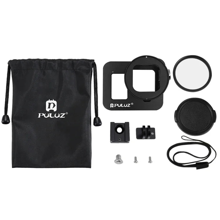 PULUZ 殼體 CNC 鋁合金保護籠，帶保險框架及 52mm UV 鏡頭，適用於 GoPro HERO8 Black，適用於 HERO8 Black 帶框架