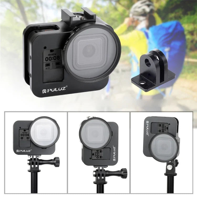 PULUZ 殼體 CNC 鋁合金保護籠，帶保險框架及 52mm UV 鏡頭，適用於 GoPro HERO8 Black，適用於 HERO8 Black 帶框架