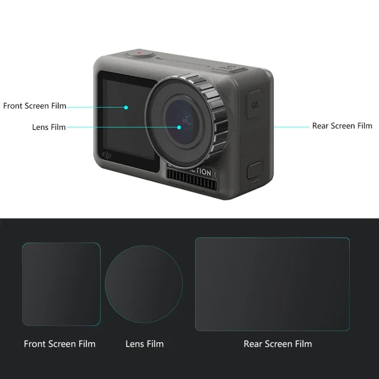 PULUZ 鏡頭 + 前後 LCD 顯示屏 9H 2.5D 鋼化玻璃膜，適用於 DJI Osmo Action，適用於 DJI Osmo Action