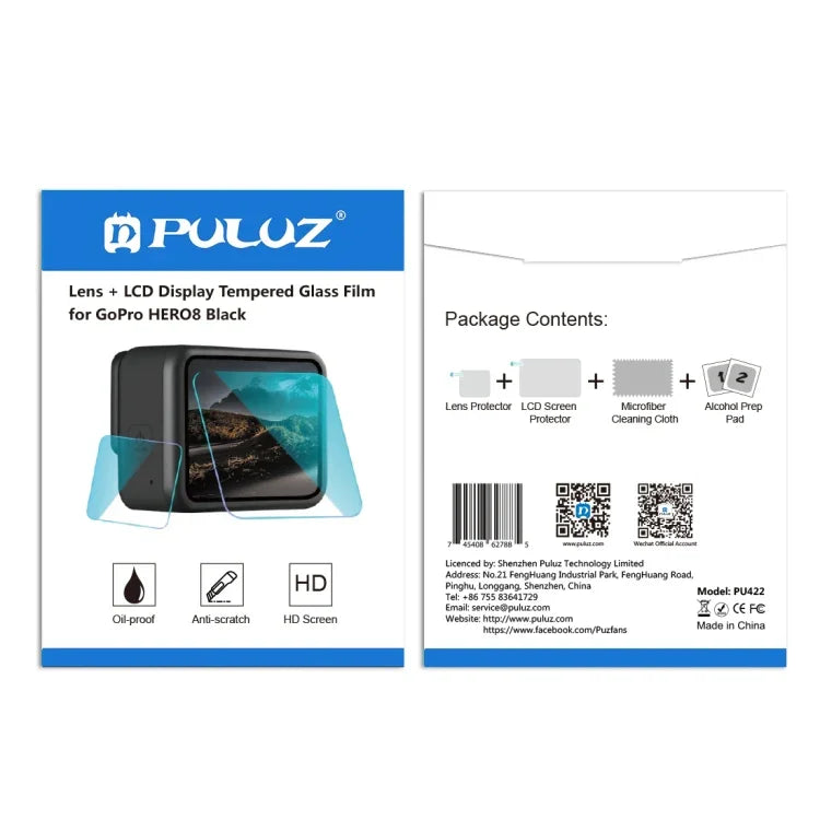 PULUZ 適用於 GoPro HERO8 Black 鏡頭及 LCD 顯示屏 9H 2.5D 鋼化玻璃膜，適用於 GoPro HERO8 Black