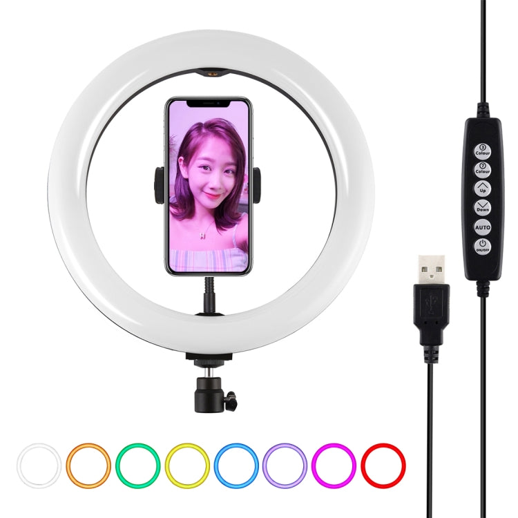 PULUZ 10.2 吋 26cm USB 10 模式 8 色 RGBW 可調光 LED 燈環 直播攝影視頻燈，附冷靴三腳架球頭及手機夾，10.2 吋 RGBW