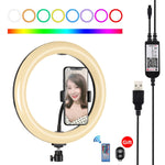 PULUZ 10.2 吋 26cm 曲面 USB RGBW 可調光 LED 燈環 直播攝影視頻燈，附三腳架球頭、遙控器及手機夾，10.2 吋 RGBW