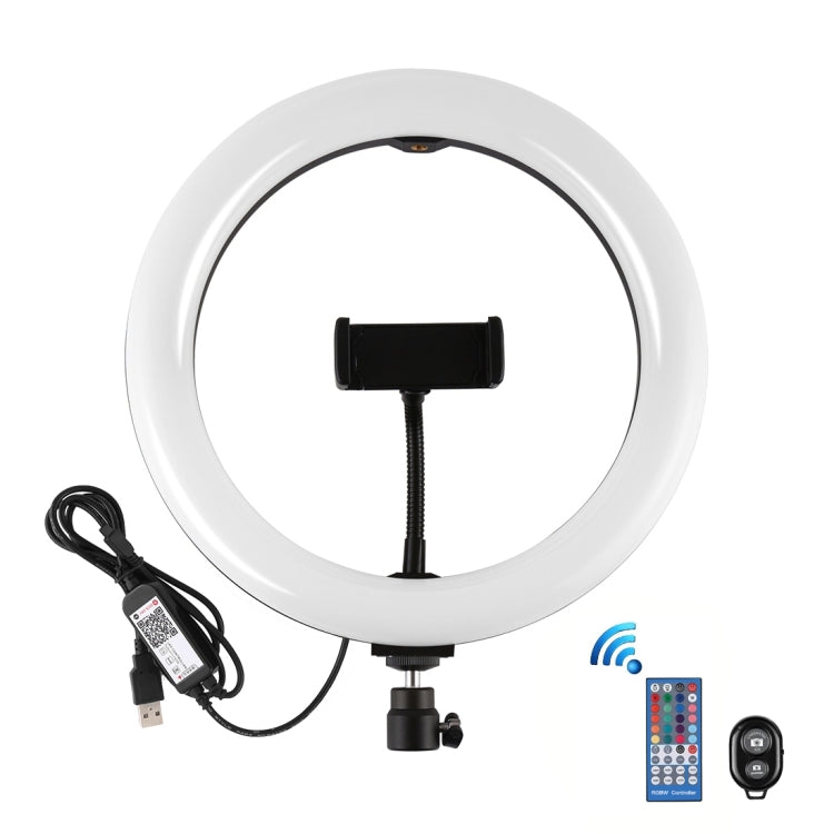 PULUZ 10.2 吋 26cm 曲面 USB RGBW 可調光 LED 燈環 直播攝影視頻燈，附三腳架球頭、遙控器及手機夾，10.2 吋 RGBW