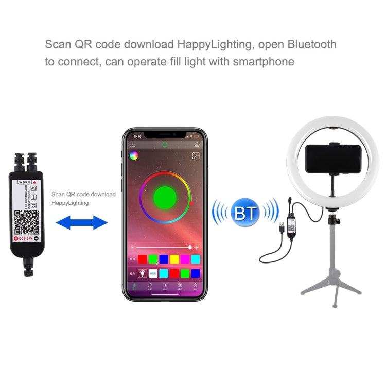 PULUZ 10.2 吋 26cm 曲面 USB RGBW 可調光 LED 燈環 直播攝影視頻燈，附三腳架球頭、遙控器及手機夾，10.2 吋 RGBW