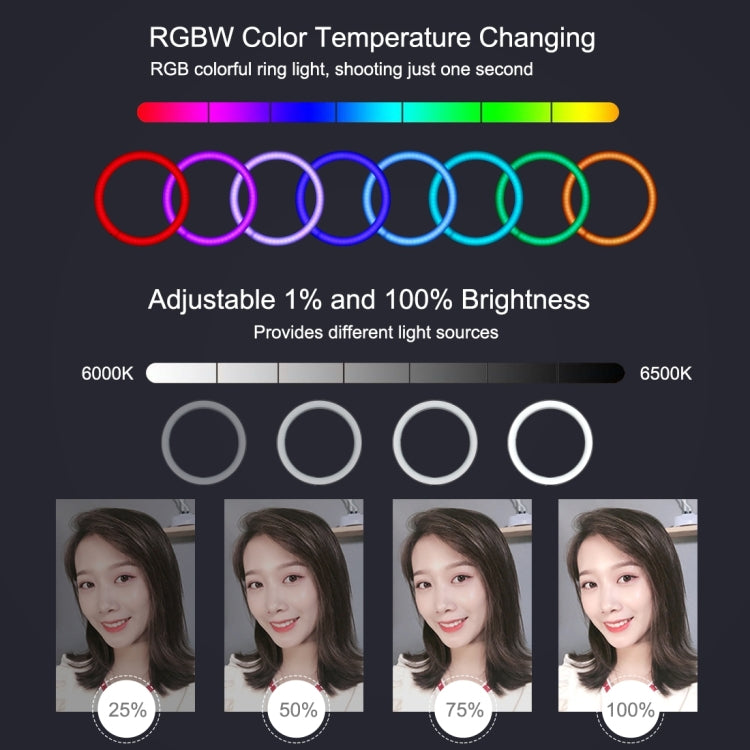 PULUZ 10.2 吋 26cm 曲面 USB RGBW 可調光 LED 燈環 直播攝影視頻燈，附三腳架球頭、遙控器及手機夾，10.2 吋 RGBW