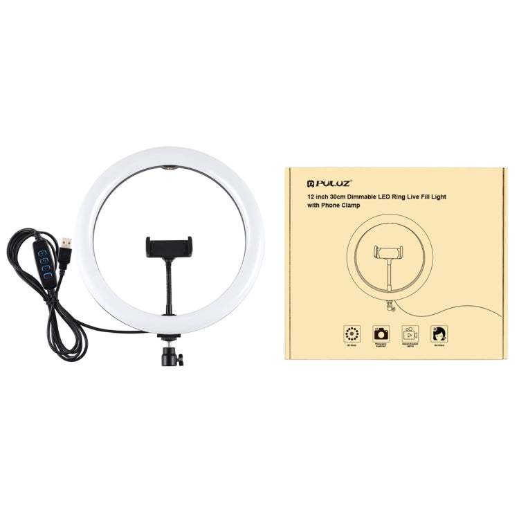 PULUZ 11.8 吋 30cm USB 3 模式 可調光雙色溫 LED 曲面柔光燈環 直播自拍攝影視頻燈，附手機夾，11.8 吋