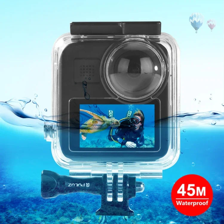 PULUZ GoPro MAX 45米水下防水潛水殼，附扣環基本支架及螺絲，防水殼
