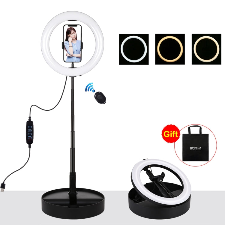 PULUZ 10.2 吋 26cm USB 三模式可調光雙色溫 LED 曲面環形直播自拍攝影視頻燈，附藍牙遙控快門、折疊桌面支架及手機夾