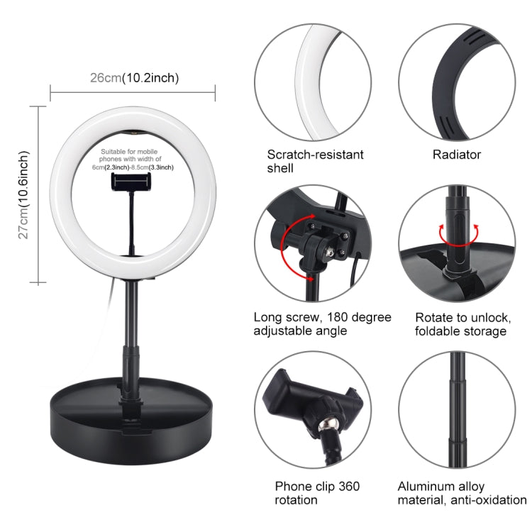 PULUZ 10.2 吋 26cm USB 三模式可調光雙色溫 LED 曲面環形直播自拍攝影視頻燈，附藍牙遙控快門、折疊桌面支架及手機夾