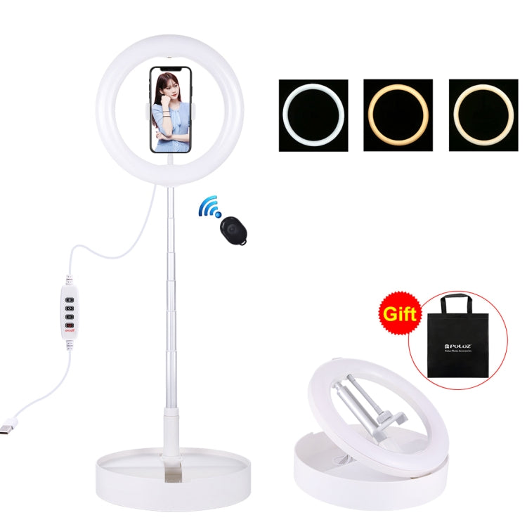PULUZ 10.2 吋 26cm USB 三模式可調光雙色溫 LED 曲面環形直播自拍攝影視頻燈，附藍牙遙控快門、折疊桌面支架及手機夾
